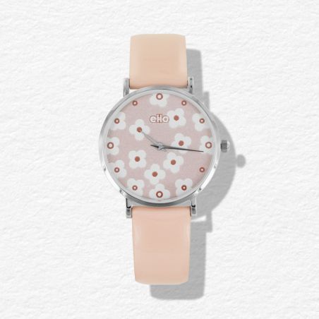 Montre eHo - Montre éco-responsable - Montre Sixties Rose Fleur Bracelet Cuir Rose Clair