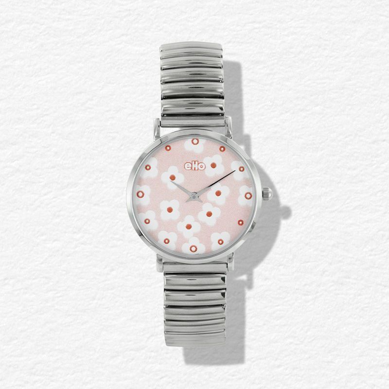 Montre eHo - Montre éco-responsable - Montre Sixties Rose Fleur Bracelet Acier Extensible