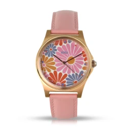 Montre Fleurs Sauvages - Rose: cadran floral éclatant, cuir rose, boîtier doré.