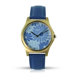Cadran floral bleu, cuir bleu, boîtier doré, upcyclée en France