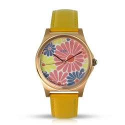 Cadran floral jaune, cuir moutarde, boîtier doré, upcyclée en France